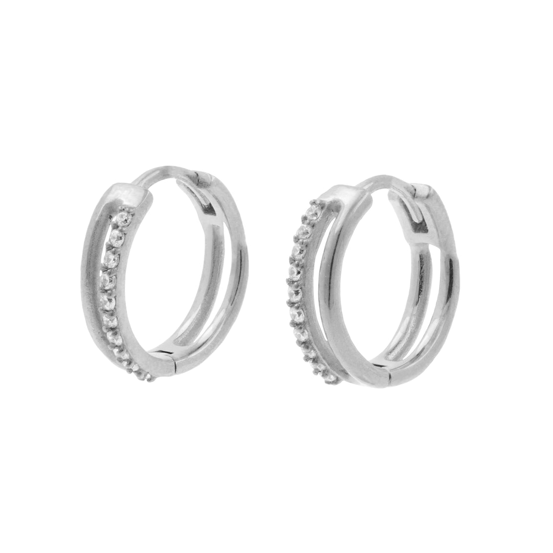 Surgical Steel Click Hoop Earrings - Zirconia Double - Silver