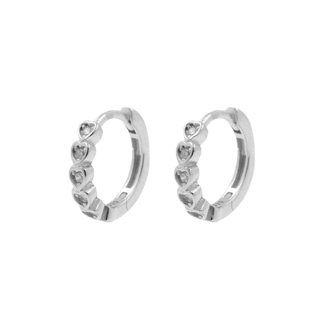925 Silver Ear Hoops - Zirconia Hearts - Silver