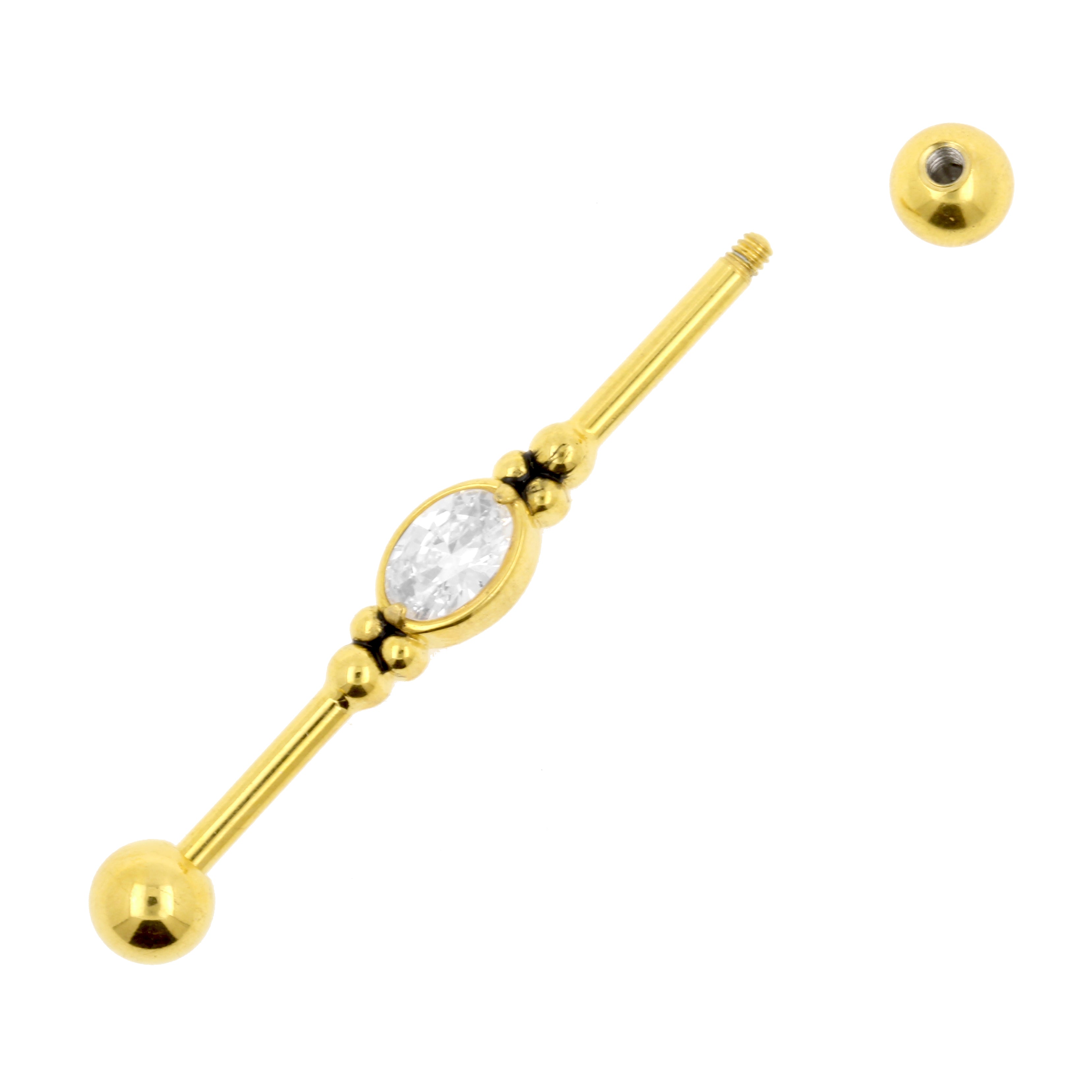 Chirurgisch Stalen Industrial Barbell Met Zirkonia - Oval Jewel Goud