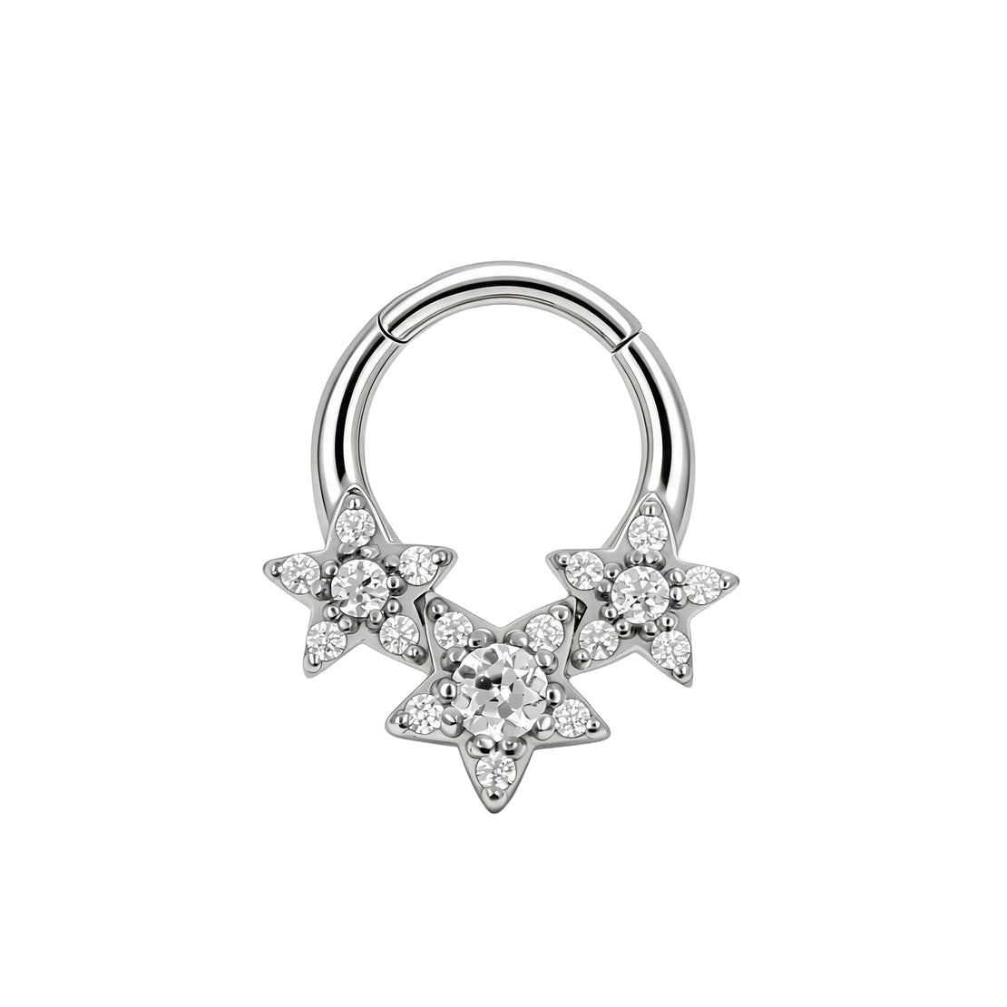 Nickel-Free Stainless Steel Click Ring - Zirconia Stars Silver