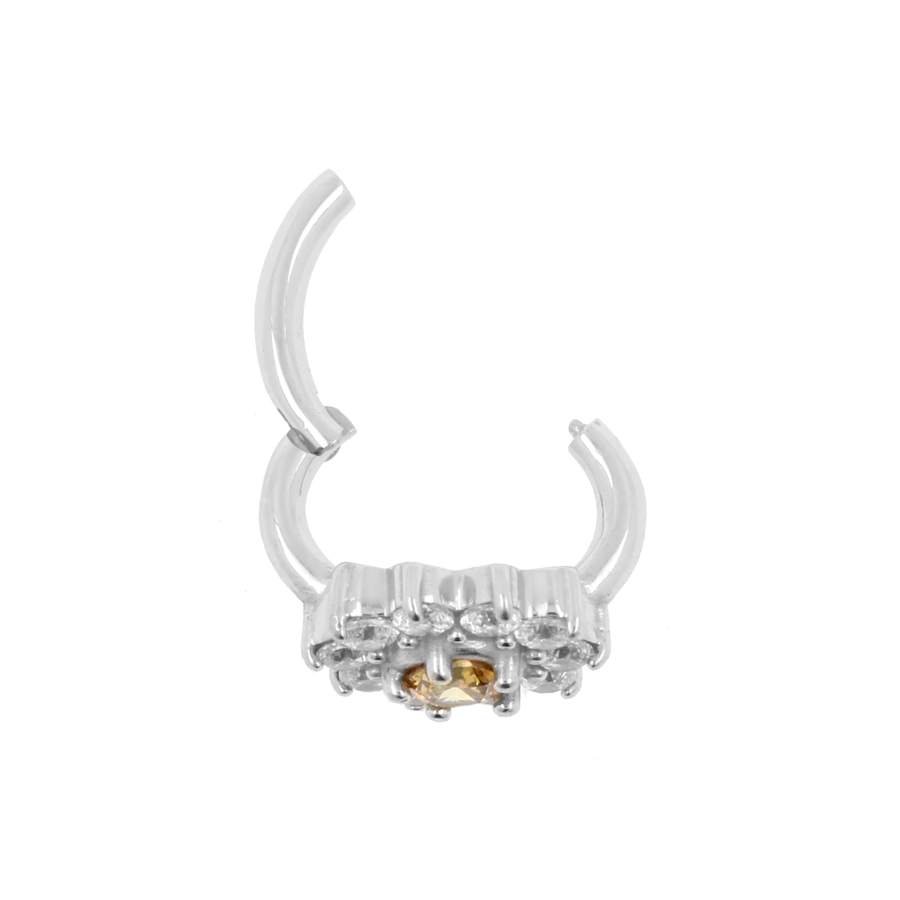 Nickel-Free Stainless Steel Rook Clicker - Zirconia Flower Golden Amber / White