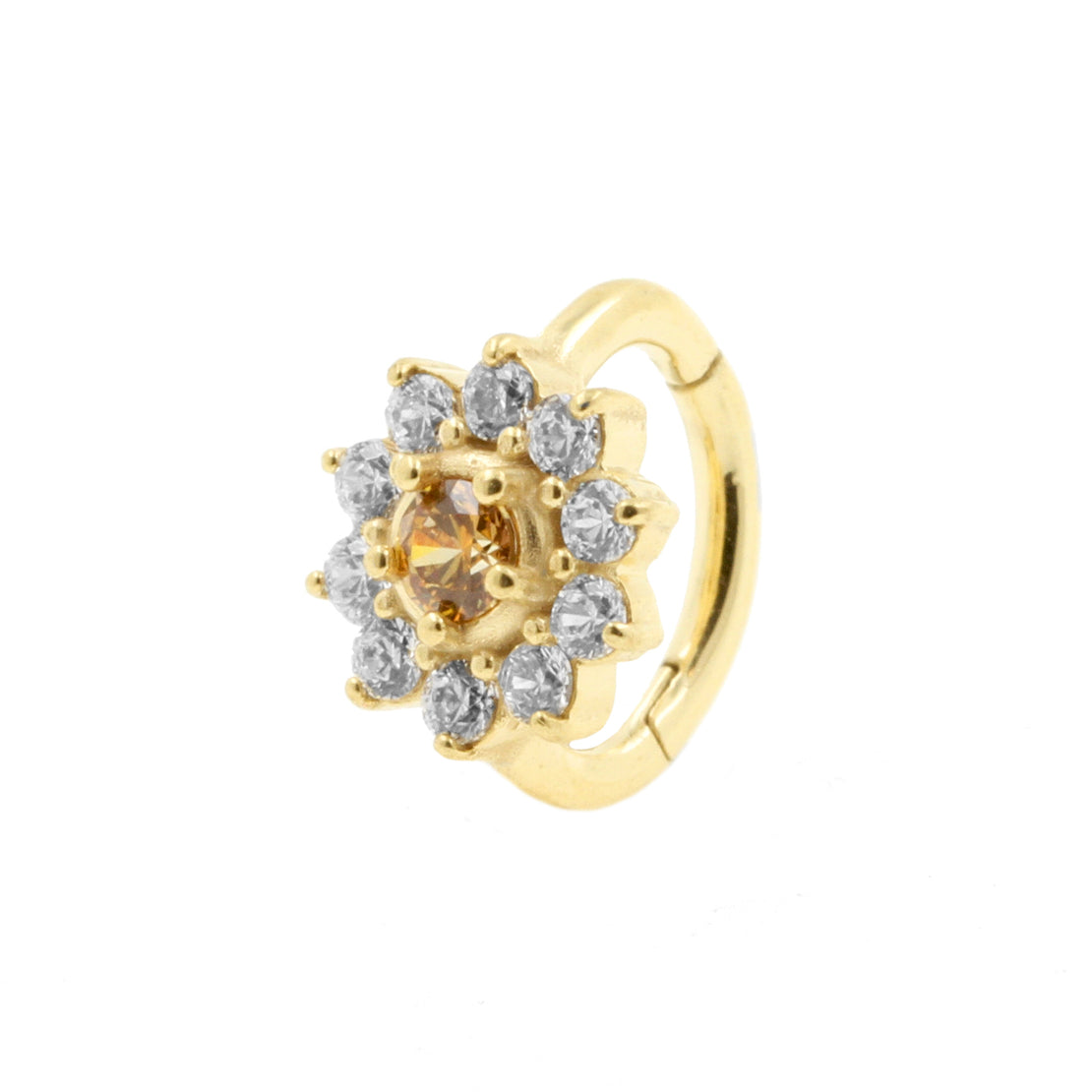 Nickel-Free Stainless Steel Rook Clicker - Zirconia Flower Golden Amber / White