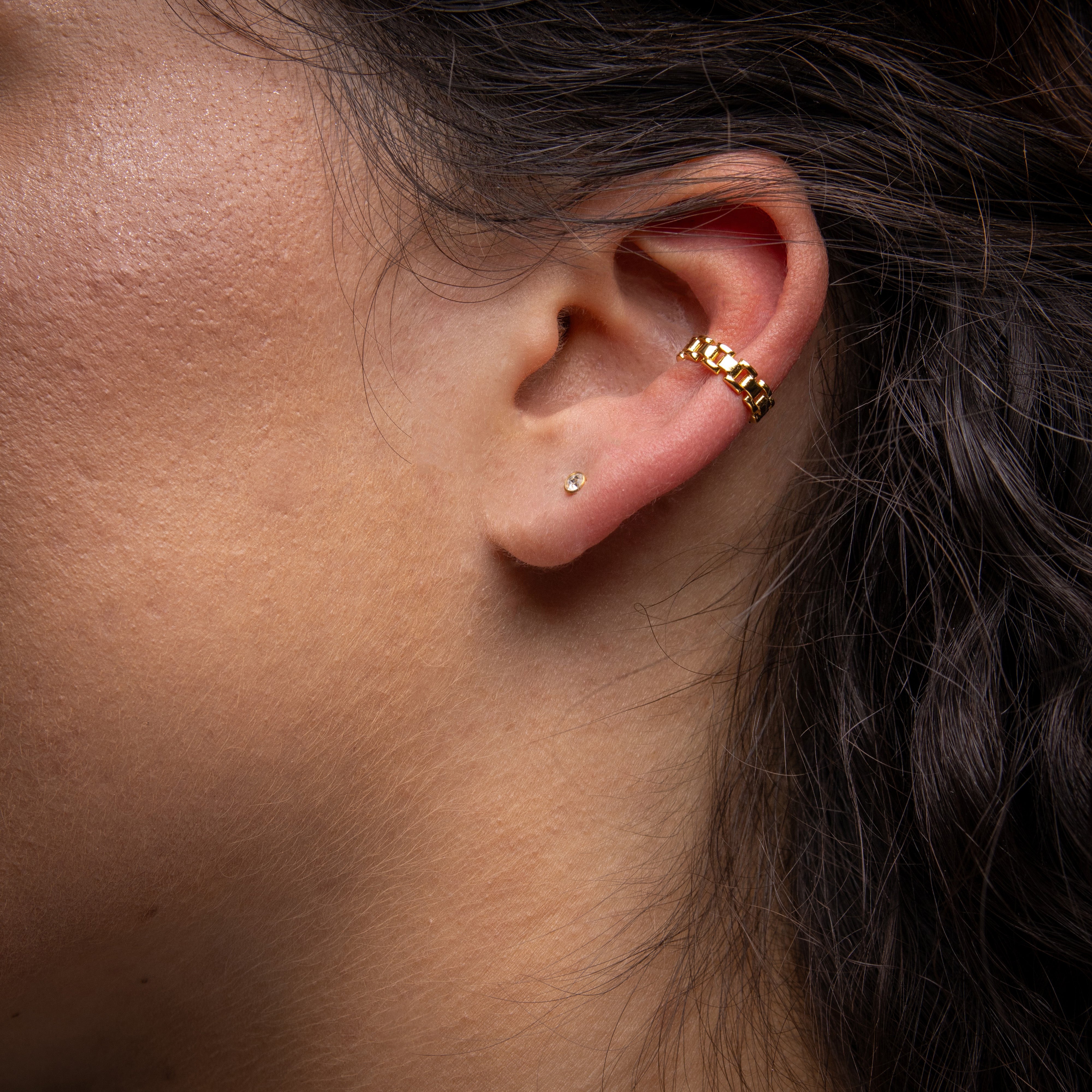 925 Silver Ear Cuff - Square Chain - Gold