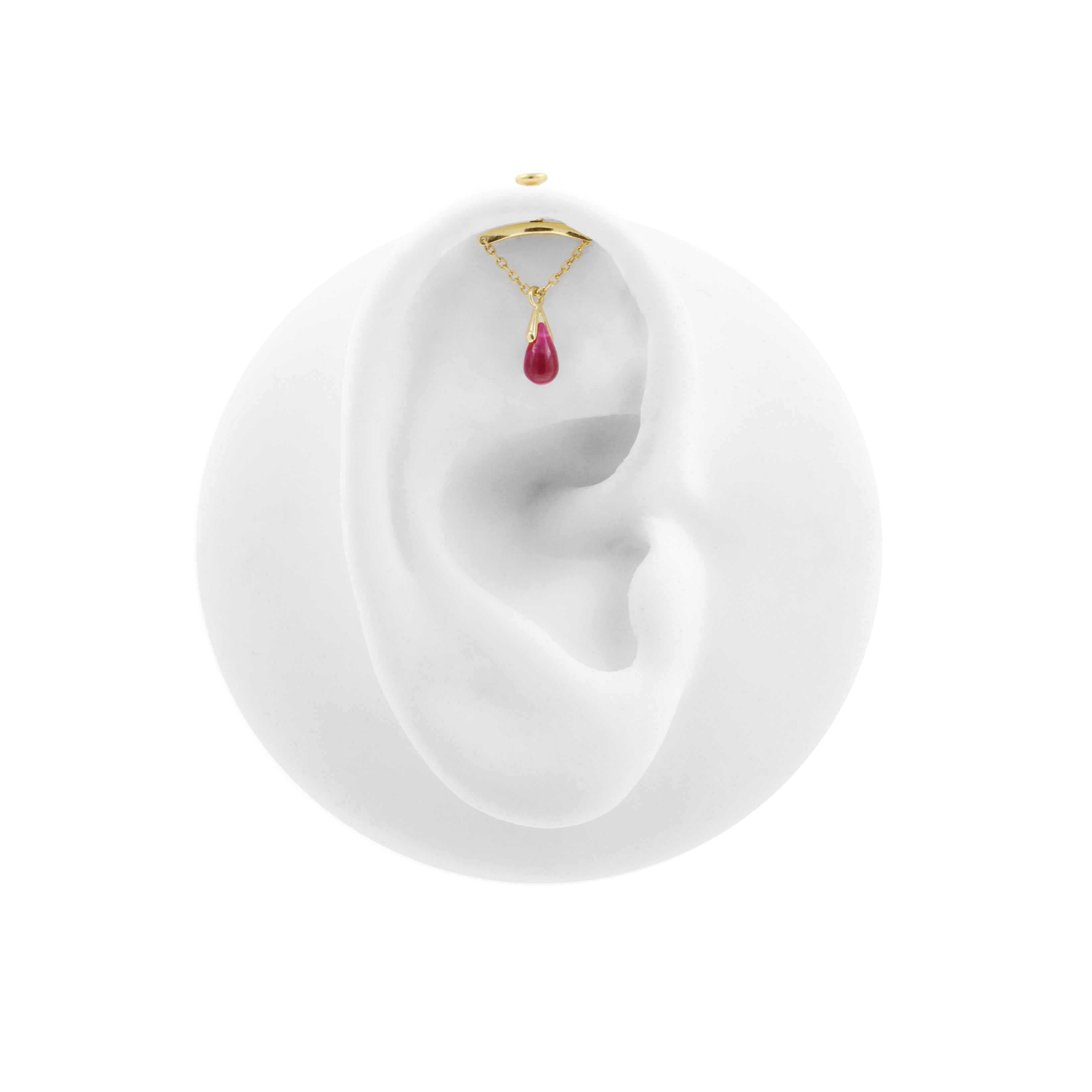 18 Karat Gold Vertical Helix - Ruby Droplet
