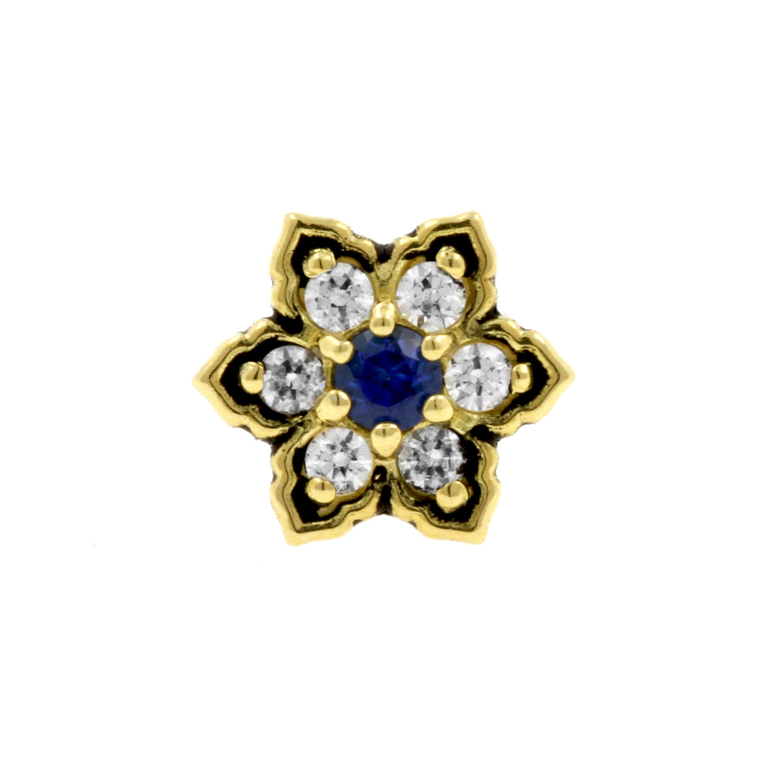 18 Karat Gold Zirconia And Topaz Flower Dark Blue