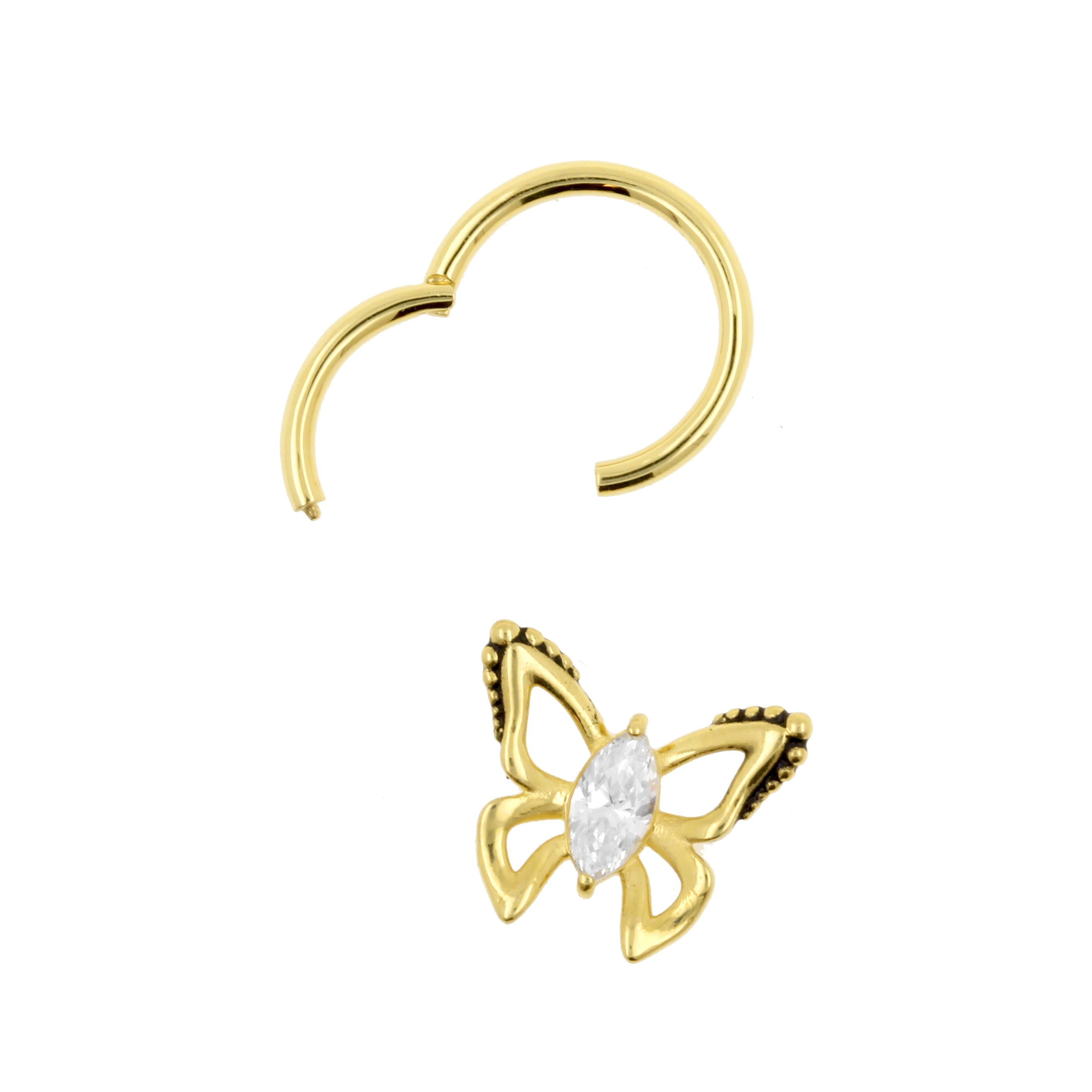 18 Karaats Gouden Click Ring Bedel - Zirkonia Butterfly