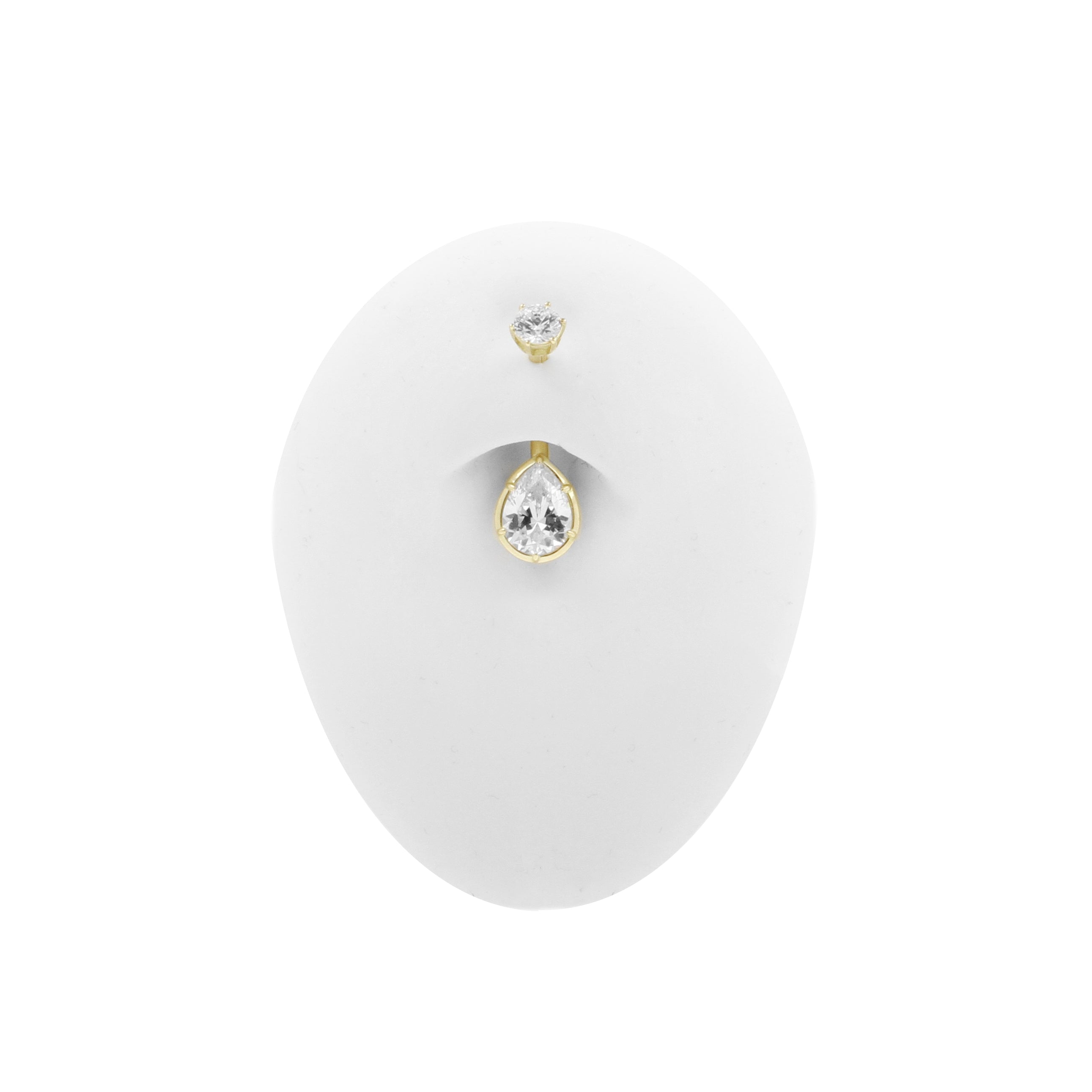 18 Karat Gold Belly Bar with Pear Shaped Premium Zirconia